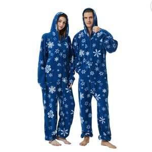 Unisex Adult Hooded Cozy Fleece Onesie Pajamas Blue with Snowflakes Size Small